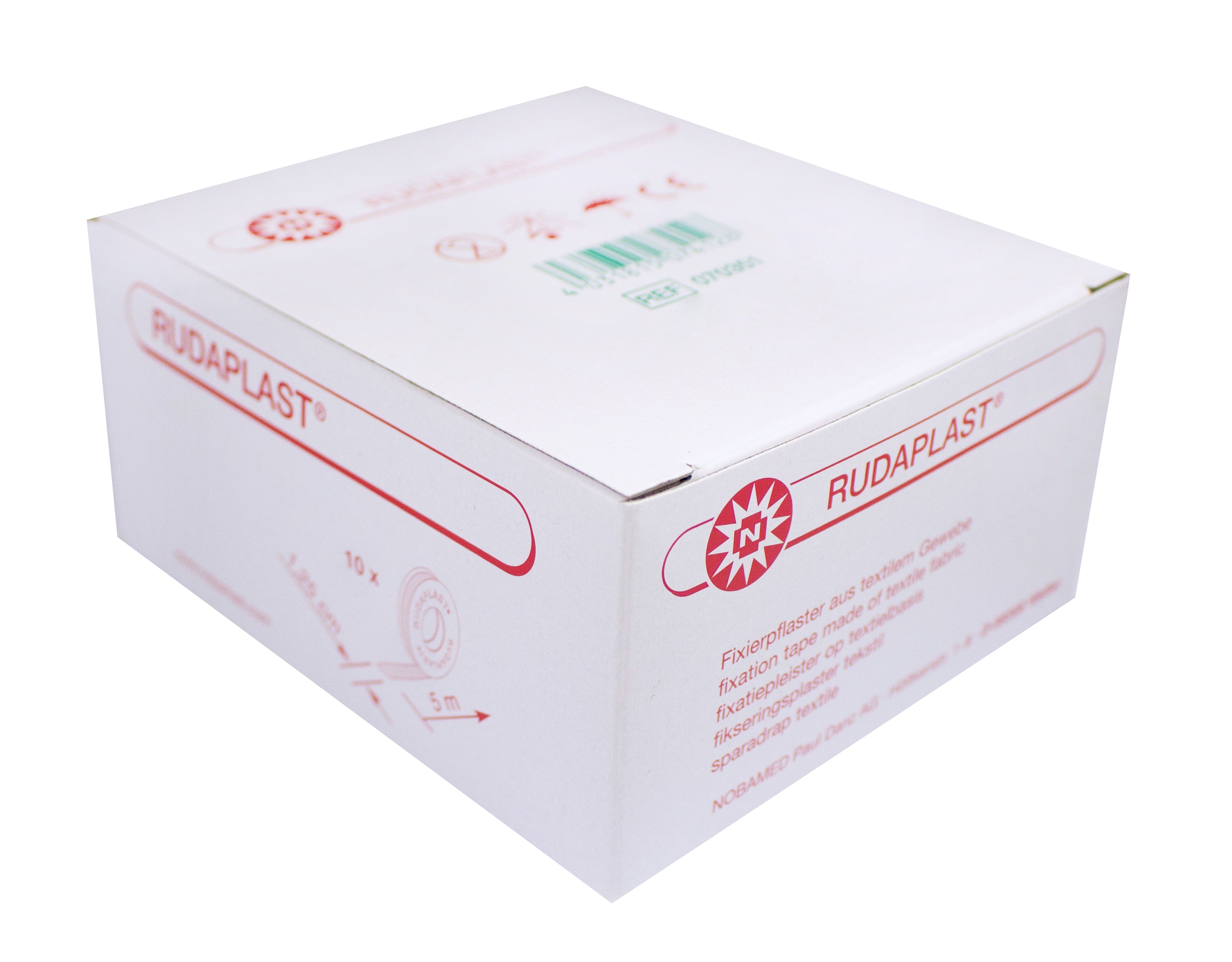 Das Bild zeigt zehn Rollen von Noba Rudaplast Fixierpflaster, die ordentlich nebeneinander auf einem hellen Hintergrund präsentiert werden. Jede Rolle ist in einer transparenten Verpackung sichtbar, die die grüne Farbe des Pflasters zur Geltung bringt. Die Rollen sind gleichmäßig gestapelt und vermitteln einen klaren, strukturierten Eindruck. Diese Fixierpflaster sind vielseitig einsetzbar, ideal für die Wundversorgung und Verletzungen.