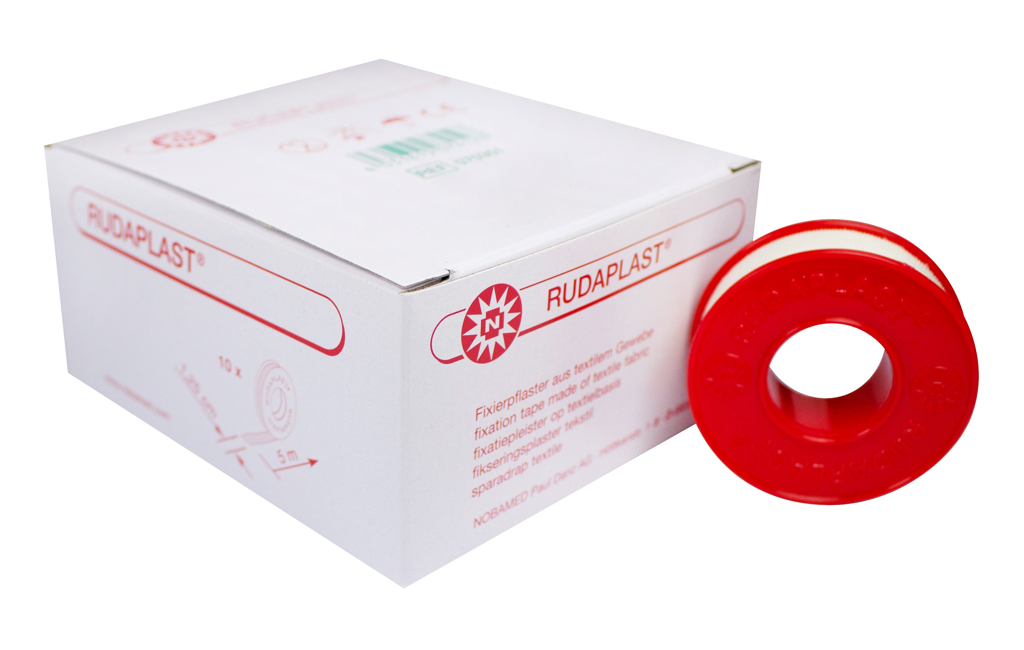 Produktbild eines Fixierpflasters der Marke Noba. Zu sehen sind zehn Rollen in einer stabilen Verpackung. Die Rollen haben eine klare plastische Struktur und sind in verschiedenen Farben erhältlich, vorwiegend in Hauttönen. Jede Rolle ist in einer transparenten Schutzfolie eingeschlossen. Die Verpackung ist kompakt und zeigt das Produkt sowie Informationen zur Anwendung. Das Bild hat einen neutralen Hintergrund, der den Fokus auf das Produkt lenkt.