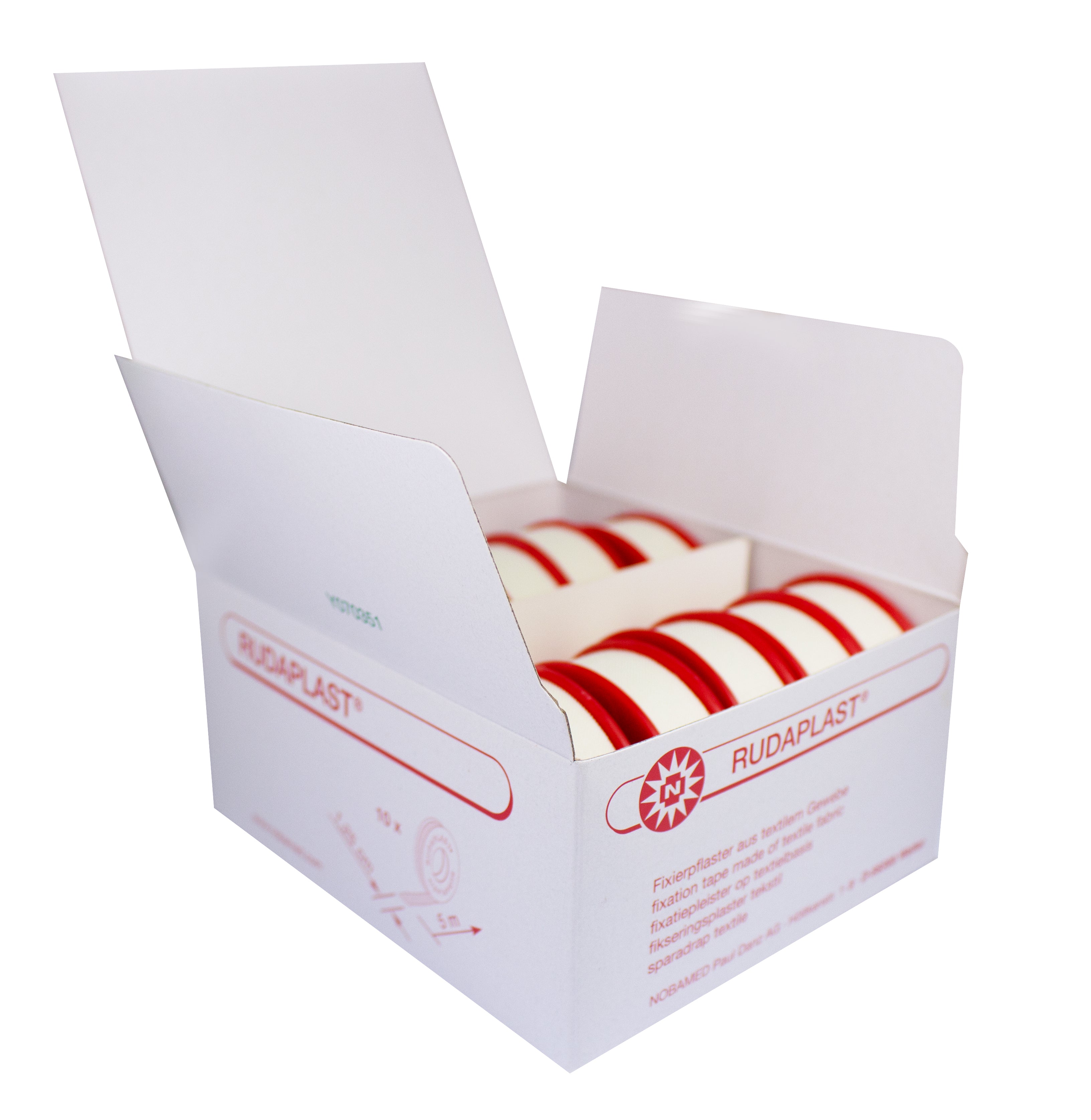 Bild eines Pakets mit 10 Rollen Noba Rudaplast Fixierpflaster. Die Rollen sind in einer klaren Kunststoffverpackung angeordnet und zeigen eine Vielzahl an Bandbreiten. Jede Rolle hat eine geprägte Oberfläche und ist in einem neutralen Farbton gehalten. Das Paket enthält Szenen, die die Verwendbarkeit des Pflasters verdeutlichen. Im Hintergrund ist ein unscharfer Holztisch sichtbar, der einen natürlichen Look vermittelt.