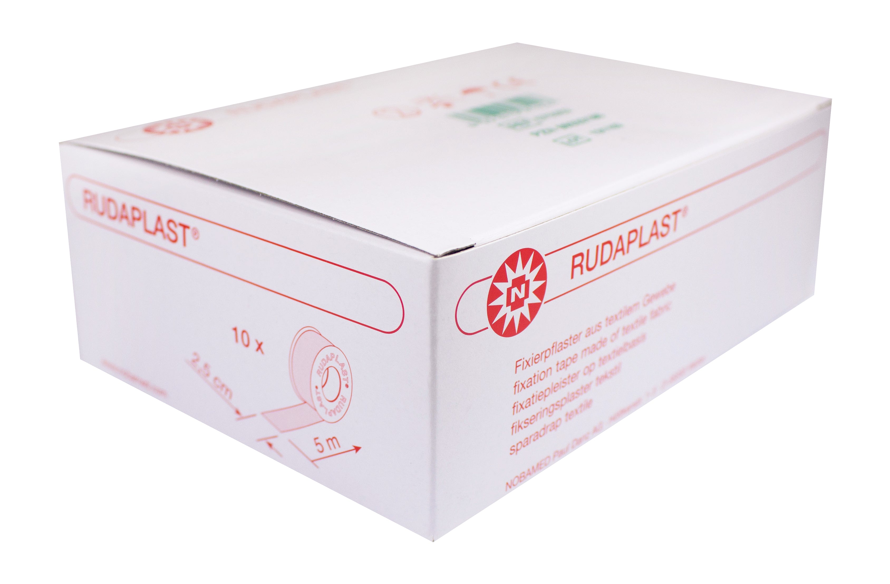 Bild eines Produktpakets mit zehn fixierenden Pflasterrollen von Noba Rudaplast. Das Paket ist in einem weißen und blauen Design mit klarer Produktbezeichnung. Auf der Vorderseite sind einige Informationen zur Anwendung und Nutzung aufgedruckt. Die Pflasterrollen sind in einer transparenten Verpackung angeordnet, die den Blick auf die einzelnen Rollen freigibt. Jede Rolle hat eine gleichmäßige, hautfreundliche Oberfläche und ist jeweils in einer neutralen Farbgebung gehalten.