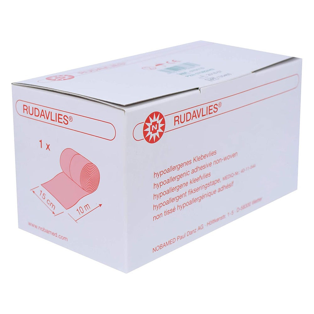 Das Bild zeigt eine Rolle von Noba Rudavlies Klebevlies, hypoallergen, mit einer Länge von 10 Metern. Die Rolle ist auf einem weißen Hintergrund platziert, sodass das Produkt gut zur Geltung kommt. Auf der Verpackung sind klare, moderne Grafiken und Produktinformationen abgebildet, die die hypoallergenen Eigenschaften hervorheben. Die Farbe des Klebevlies ist überwiegend in Weiß und Beige gehalten, mit einem ansprechenden Design, das Vertrauen und Qualität vermittelt.
