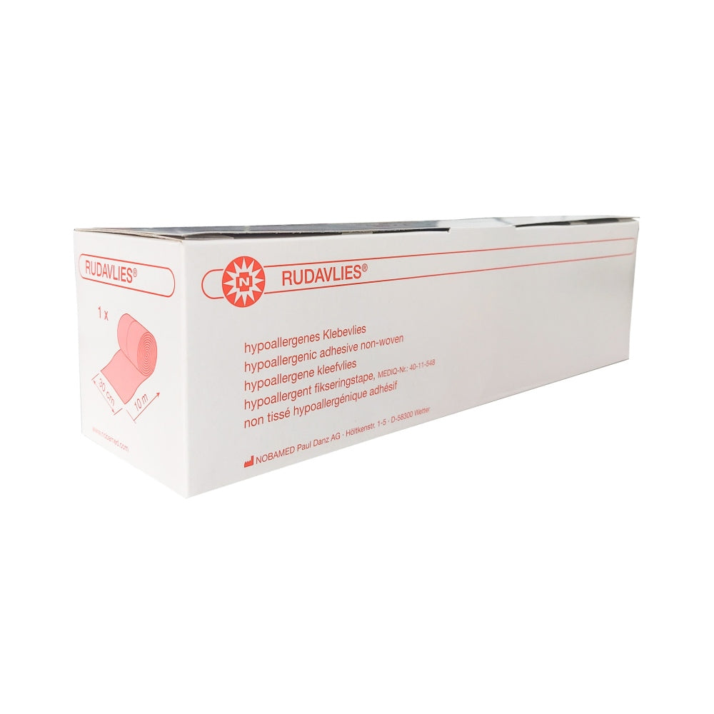 Weiße Rolle mit Klebevlies, auf einem hellen Hintergrund. Das Vlies ist hypoallergen und für zahlreiche Anwendungen geeignet. Auf der Verpackung sind die Informationen zum Produkt deutlich sichtbar, einschließlich der Länge von 10 Metern. Die Rolle zeigt eine strukturierte Oberfläche, die darauf hinweist, dass es sich um ein hochwertiges Material handelt. Optimal für Bastel- und Renovierungsprojekte, bietet das Klebevlies eine einfache Handhabung und flexible Verwendung, wobei es Allergikern zugutekommt.