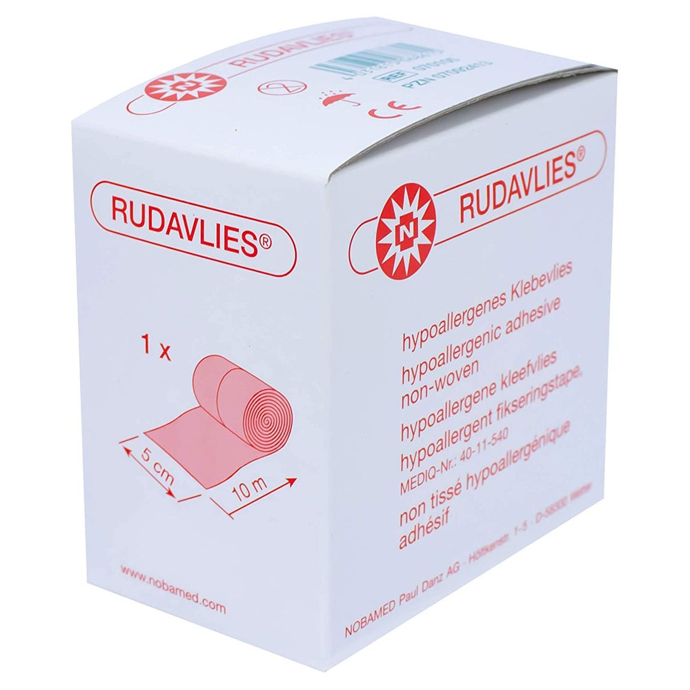 Hypoallergenes Klebevlies von Noba auf einem weißen Hintergrund. Das Produkt wird in einer praktischen Rolle präsentiert, die eine Länge von 10 Metern und eine Breite von 10 cm aufweist. Auf der Verpackung sind relevante Informationen in klarer, lesbarer Schrift aufgedruckt, einschließlich des Hinweises auf hypoallergene Eigenschaften. Das Vlies ist leicht und flexibel, ideal für kreative Projekte oder zum Basteln.