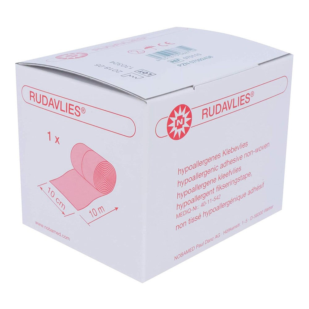 Bild eines hypoallergenen Klebevlieses mit einer Länge von 10 Metern und einer Breite von 30 cm. Das Vlies ist aufgerollt und zeigt eine glatte, einheitliche Oberfläche. Die Verpackung ist hell gestaltet und hebt die Produkteigenschaften wie Hypoallergenität hervor. In der oberen Ecke sind einige Produktsymbole zu sehen, die die Anwendung und Vorteile verdeutlichen. Im Hintergrund ist eine neutrale Oberfläche, die die Farben des Produkts betont.