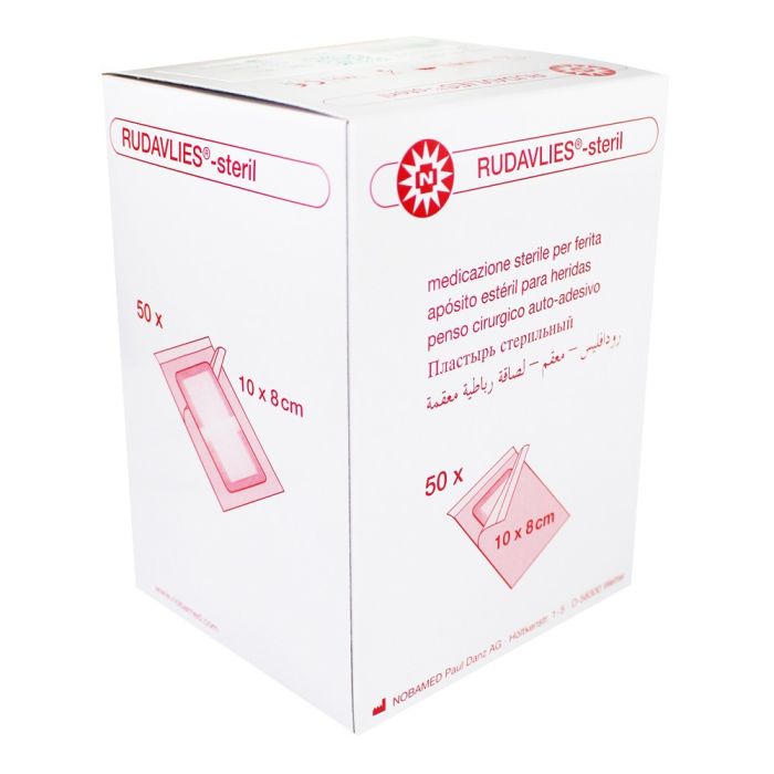 Sterile Wundpflaster von Noba, dargestellt in einer Produktverpackung, die 50 Stück des Inselpflasters mit den Maßen 12 x 10 cm enthält. Die Verpackung zeigt eine klare, farbenfrohe Gestaltung mit dem Noba-Logo und dem Produktnamen. Sichtbar sind auch die Hinweise zu den Anwendungshinweisen sowie die Sterilität des Inhalts. Die Wundpflaster selbst sind einzeln verpackt und in der Verpackung sichtbar angeordnet.