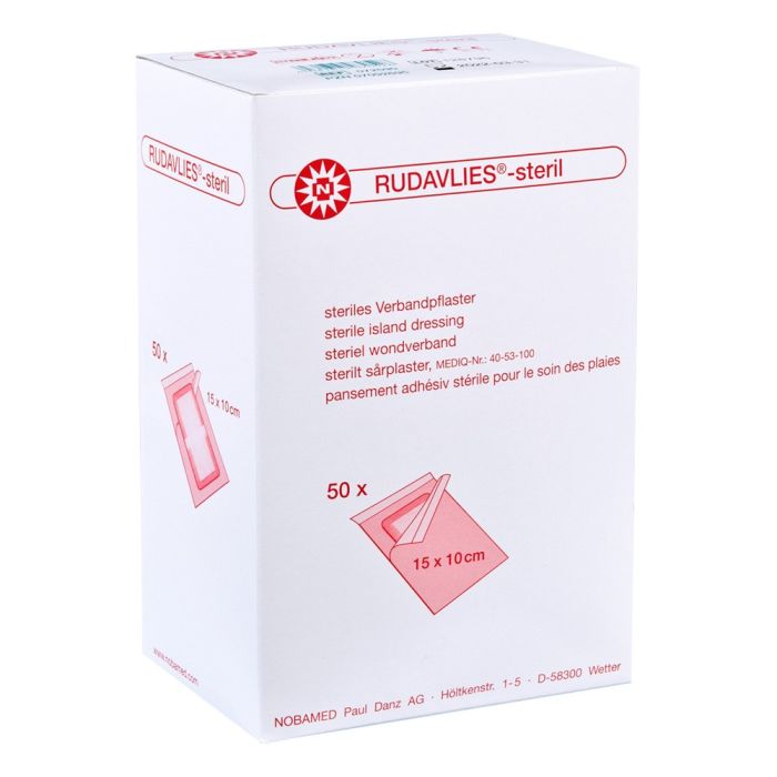 Sterilisiertes Wundpflaster, Noba Rudavlies, in einer Packung mit 50 Stück. Jedes Pflaster misst 20 x 10 cm und verfügt über einen saugfähigen Wundbereich, der von einem elastischen und wasserabweisenden Material umgeben ist. Die Verpackung zeigt eine klare, gut lesbare Beschreibung des Produkts sowie wichtige Anwendungshinweise. Auf dem Bild sind die Pflaster ordentlich gefaltet und strukturiert, um die einfache Entnahme zu erleichtern.