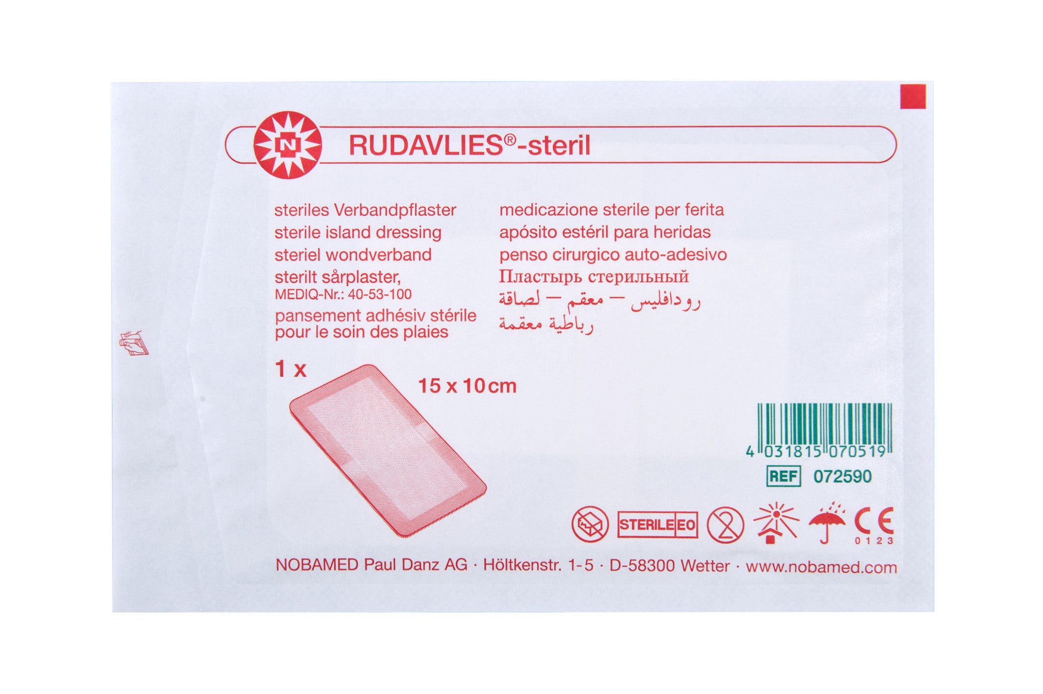 Sterile Wundpflaster von Noba in einer Verpackung mit 50 Stück, Größe 25 x 10 cm. Die Pflaster haben eine praktische Insellform und sind auf einem weißen Hintergrund abgebildet. Die Verpackung zeigt deutlich die Produktbezeichnung und die Anzahl der enthaltenen Pflaster. Die sterilen Verbandpflaster eignen sich für die Anwendung bei Wunden und Verletzungen. Ihre strukturierten Oberflächen fördern die optimale Wundheilung. Ideal für den Einsatz in der Hausapotheke oder für unterwegs.