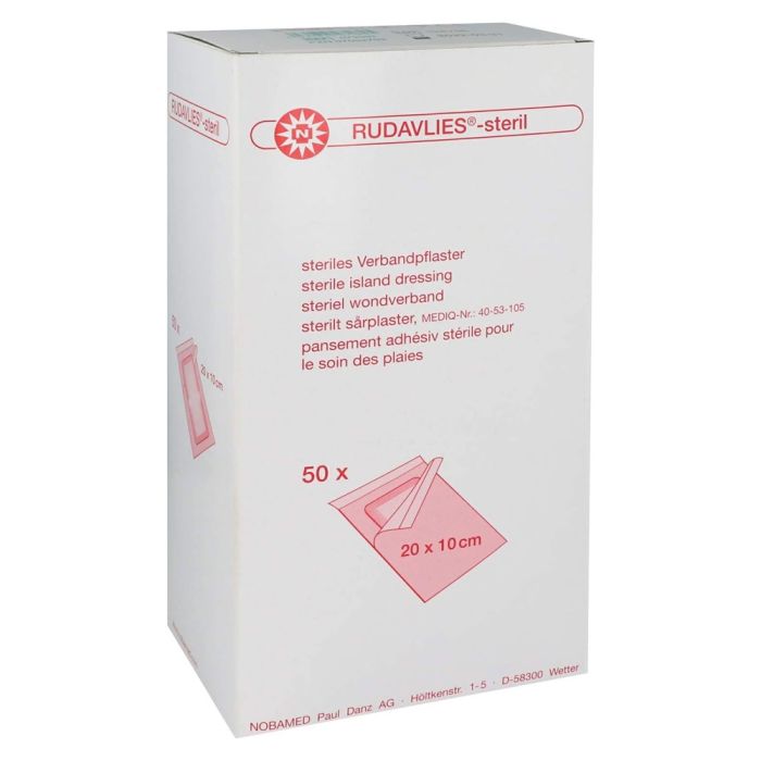 Bild eines Pakets mit 50 Stück Noba Rudavlies Wundpflaster, steril und in der Größe 30 x 10 cm. Die Verpackung ist klar und zeigt das Produktdesign mit auffälligen Farben und Text. Die Wundpflaster sind in einer praktischen, transparenten Box organisiert, die eine einfache Entnahme ermöglicht. Auf der Verpackung sind Informationen zur Anwendung und den Eigenschaften der Pflaster abgedruckt. Das Design vermittelt Sauberkeit und Effizienz, ideal für medizinische Anwendungen und Erste-Hilfe-Ausstattungen.