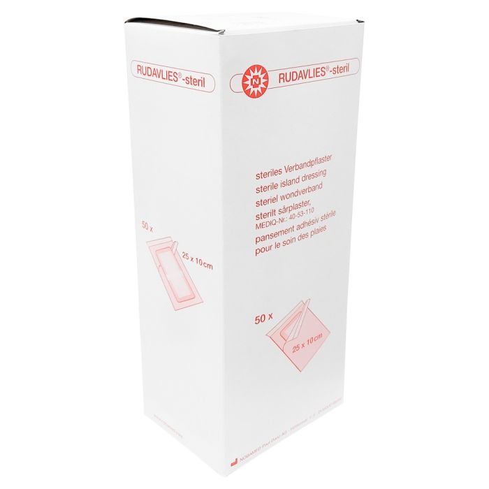Steriles Wundpflaster von Noba, verpackt in einer transparenten Plastiktüte. Die Packung enthält 50 Stück des Verbandpflasters in der Größe 35 x 10 cm. Ein Wundpflaster ist vor dem Hintergrund der Verpackung sichtbar, das einen weißen, saugfähigen Verband und einen aufgeklebten randum das Pflaster zeigt. Die Verpackung hebt die Eigenschaften des Produkts hervor, wie Sterilität und Eignung für verschiedene Wunden.