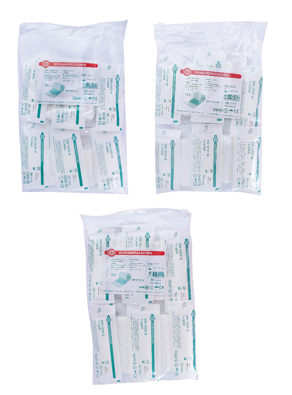 Bild eines sterile Verbandpäckchens der Größe Nr. 1 nach DIN 13151. Das Produkt ist in einer transparenten, plastikähnlichen Verpackung. Die Vorderseite zeigt deutlich das Etikett mit dem Markennamen „Noba“ sowie die Angabe „Verbandpäckchen steril“. Die Verpackung ist in Weiß und Blau gehalten und hebt die medizinische Funktion hervor. Auf der Rückseite sind Informationen zur Anwendung und den Inhaltsstoffen leicht sichtbar.