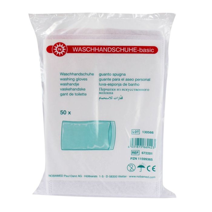 Weißer Waschhandschuh aus Vliesstoff, der auf einem neutralen Hintergrund präsentiert wird. Der Handschuh ist in einer typischen Rechteckform, sauber geschnitten und hat eine saugfähige Oberfläche, die für die Körperpflege geeignet ist. Die Textur des Vliesstoffs ist erkennbar, was auf eine sanfte und gründliche Reinigung hinweist. Der Waschhandschuh ist ideal für den persönlichen Gebrauch, sowie für den Einsatz in Wellness- und Pflegeeinrichtungen.