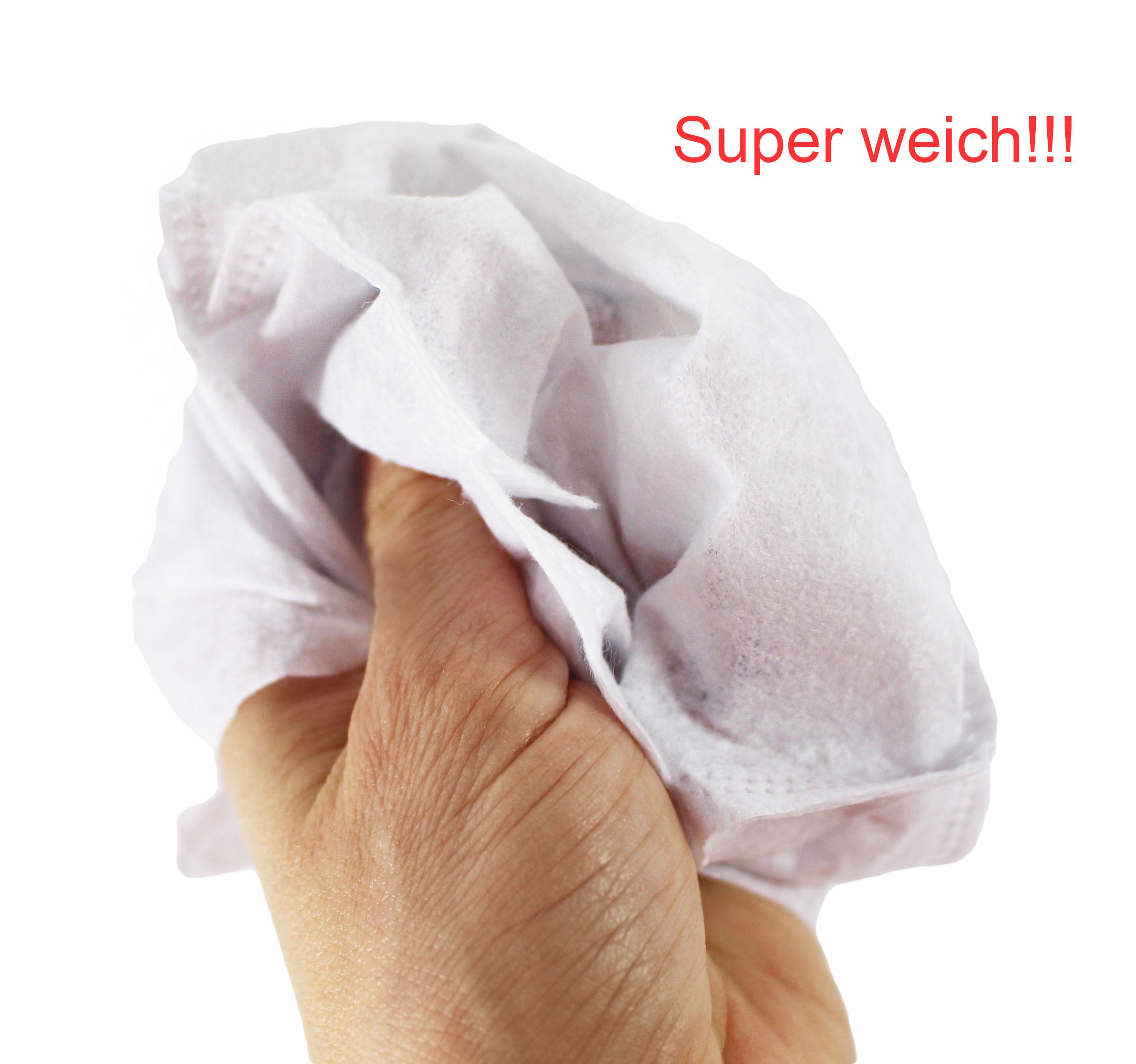 Waschhandschuhe aus weißem Vliesstoff, auf einem hellen Hintergrund präsentiert. Die Handschuhe sind in einer geraden Position angeordnet und zeigen eine glatte, strukturierte Oberfläche. Ihre Form ist ergonomisch und wird von einem dezenten, abgerundeten Rand umrahmt. Die Textur des Materials wirkt weich und einladend, ideal für hygienische Anwendungen. Die Bildkomposition legt den Fokus auf die Handschuhe, wobei der Hintergrund minimalistisch bleibt, um den Blick des Betrachters auf das Produkt zu lenken.