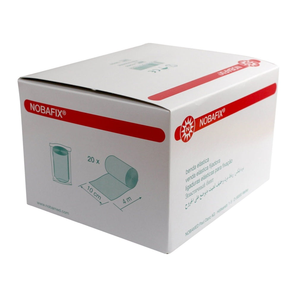 Bild eines Produkts: Eine Packung mit 20 fixierenden Binden, die in transparentem Kunststoff verpackt sind. Jede Binde hat eine Breite von 10 cm und eine Länge von 4 m. Das Label auf der Packung ist gut lesbar und hebt die Eigenschaften des Produkts hervor, darunter die Nutzung für Verbände und die vielseitige Anwendbarkeit. Die Binden sind flexibel und elastisch, ideal zur Unterstützung von Verletzungen.