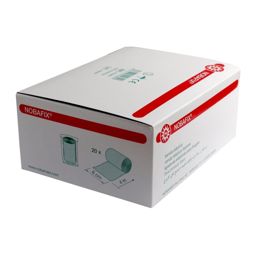 Bild zeigt 20 Fixierbinden von Nobafix in einer transparenten Verpackung. Jede Binde hat eine Breite von 6 cm und eine Länge von 4 m. Die Binden sind in verschiedenen Farben, hauptsächlich in Weiß und Beige, und wirken elastisch und leicht dehnbar. Die Verpackung ist klar, wodurch der Inhalt gut sichtbar ist. Auf der Vorderseite sind Produktinformationen und die Marke gut lesbar. Hintergrund ist ein neutraler, heller Farbton, der den Fokus auf die Binden lenkt.