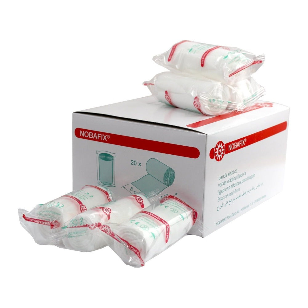 Bildbeschreibung: Das Produkt zeigt eine Packung mit hochwertigen Fixierbinden in einem transparenten Folienbeutel. Die Bindemittel sind 8 cm breit und 4 m lang, perfekt für die sichere Fixierung von Verbänden. Die Verpackung enthält insgesamt 20 Stück der Fixierbinden, die gleichmäßig gefaltet und übereinander gestapelt sind. Im Hintergrund ist eine weiße, neutrale Fläche zu sehen, die den Fokus auf die Produkte lenkt.