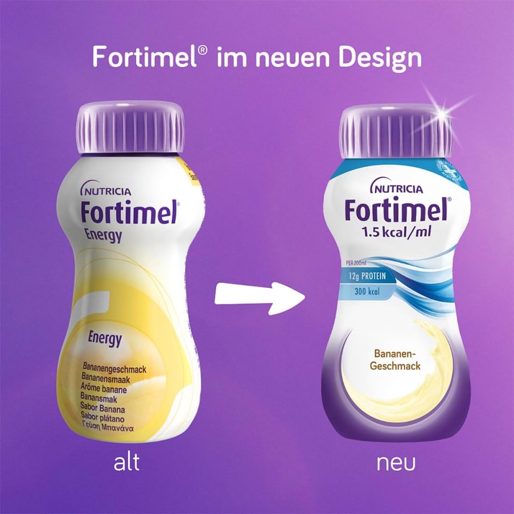 Vergleich des alten und neuen Verpackungsdesigns von Fortimel Banane mit Pfeil vom bisherigen zum neuen Flaschendesign.