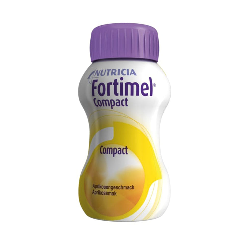 Produktbild von Nutricia Fortimel Compact im Geschmack Aprikose. Die Verpackung zeigt eine handliche Flasche mit einer schlanken Form und einem klaren, durchsichtigen Deckel. Die Flasche ist orangefarben mit einem weißen Etikett, das den Produktnamen und Hinweise zur Ernährung darstellt. Im Hintergrund sind Aprikosen abgebildet, die den fruchtigen Geschmack symbolisieren. Das Gesamtdesign wirkt frisch und ansprechend, ideal für eine ausgewogene Ernährung.