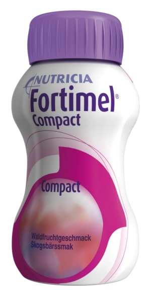 Produktbild von Nutricia Fortimel Compact, einem Kompakt-Getränk zur Nahrungsergänzung. Zu sehen sind mehrere Packungen des Produkts in einem Karton, dessen Vorderseite gut sichtbar ist. Jede Packung enthält 125 ml der nahrhaften Flüssigkeit. Die Geschmacksrichtung ist auf der Packung angegeben. Der Karton ist in einem neutralen Farbton gehalten, während die Produktverpackungen lebendige Farben aufweisen, die die Appetitlichkeit verdeutlichen.