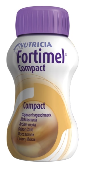 Produktbild eines Mischkartons mit Nutricia Fortimel Compact, bestehend aus 8 Flaschen à 125 ml. Jede Flasche ist in einer individuellen Verpackung und zeigt die Produktbezeichnung klar. Der Hintergrund ist hell und neutral, wodurch die Flaschen in den Vordergrund rücken. Die Verpackungen sind ansprechend gestaltet, mit einer übersichtlichen Darstellung von Nährwertinformationen. Die Flaschen zeichnen sich durch eine praktische, handliche Form aus, die eine einfache Entnahme ermöglicht.