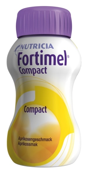 Produktbild der Nutricia Fortimel Compact 2.4, einem Nahrungsersatz in Form von 125 ml Trinkampullen. Der Mischkarton enthält acht Flaschen in vier verschiedenen Geschmacksrichtungen, darunter Schokolade, Vanille, Erdbeere und Karamell. Die Verpackung ist ansprechend gestaltet und zeigt eine klare Abbildung der einzelnen Flaschen, die farblich entsprechend ihrer Geschmacksrichtungen gekennzeichnet sind.