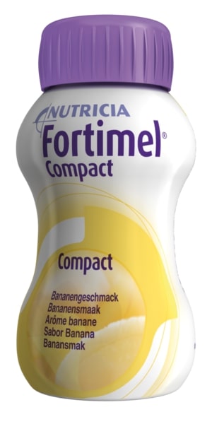 Das Bild zeigt einen Mischkarton von Nutricia Fortimel Compact mit insgesamt 8 Flaschen, die jeweils 125 ml enthalten. Die Flaschen sind auf einer hellen Fläche angeordnet und zeigen eine transparente Verpackung, die den Inhalt sichtbar macht. Jede Flasche ist mit einem bunten Etikett versehen, das wichtige Nährwertinformationen sowie den Hinweis auf eine ergänzende Ernährung enthält. Im Hintergrund ist eine zurückhaltende, einfarbige Fläche zu sehen, die den Fokus auf die Produkte lenkt.