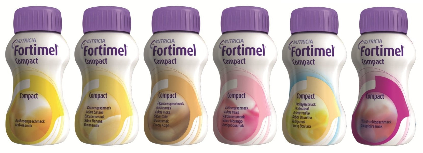 Produktbild von Nutricia Fortimel Compact, einem Nährstoffangereicherten Getränk. Zu sehen sind acht Flaschen mit jeweils 125 ml in einem Mischkarton. Die Flaschen sind in verschiedenen Geschmacksrichtungen abgebildet, mit klaren, ansprechenden Etiketten, die die Nährstoffinformation hervorheben. Der Karton hat eine praktische quadratische Form und zeigt das Logo von Nutricia sowie die Produktbezeichnung gut sichtbar. Die Farben sind ansprechend und sorgen für eine moderne, hygienische Präsentation.