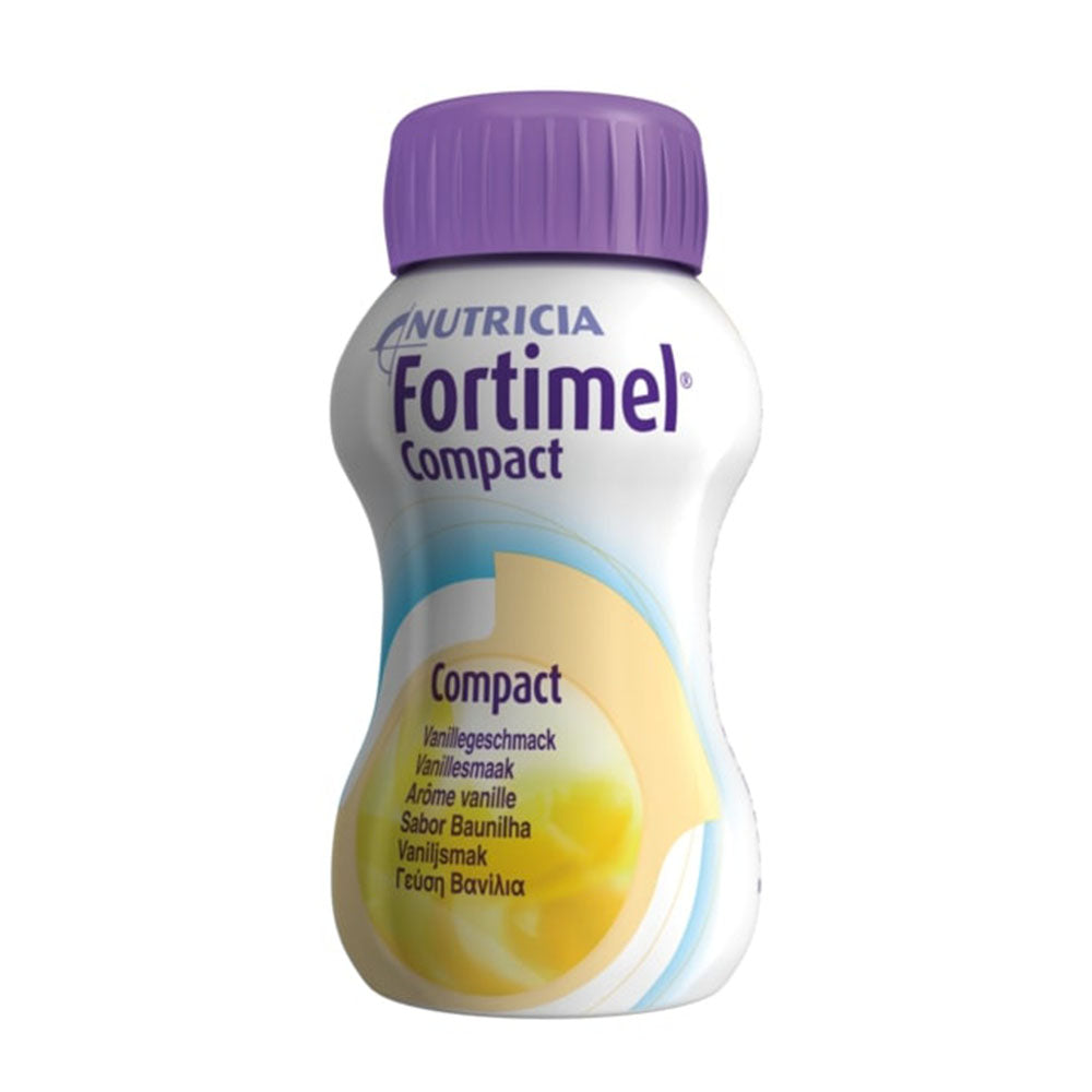 Ein Produktbild zeigt die Nutricia Fortimel Compact Nahrung in der Geschmacksrichtung Vanille. Die Verpackung ist ein schlanker, weißer Becher mit einem gut sichtbaren, hellgelben Deckel. Auf der Vorderseite sind die Produktinformationen in klaren, leicht lesbaren Schriftarten abgebildet, darunter der Name "Fortimel Compact" sowie Hinweise auf die Nährstoffzusammensetzung. Die Gesamtansicht vermittelt einen sauberen, ansprechenden Eindruck, ideal für die Verwendung in medizinischen Ernährungsprogrammen.