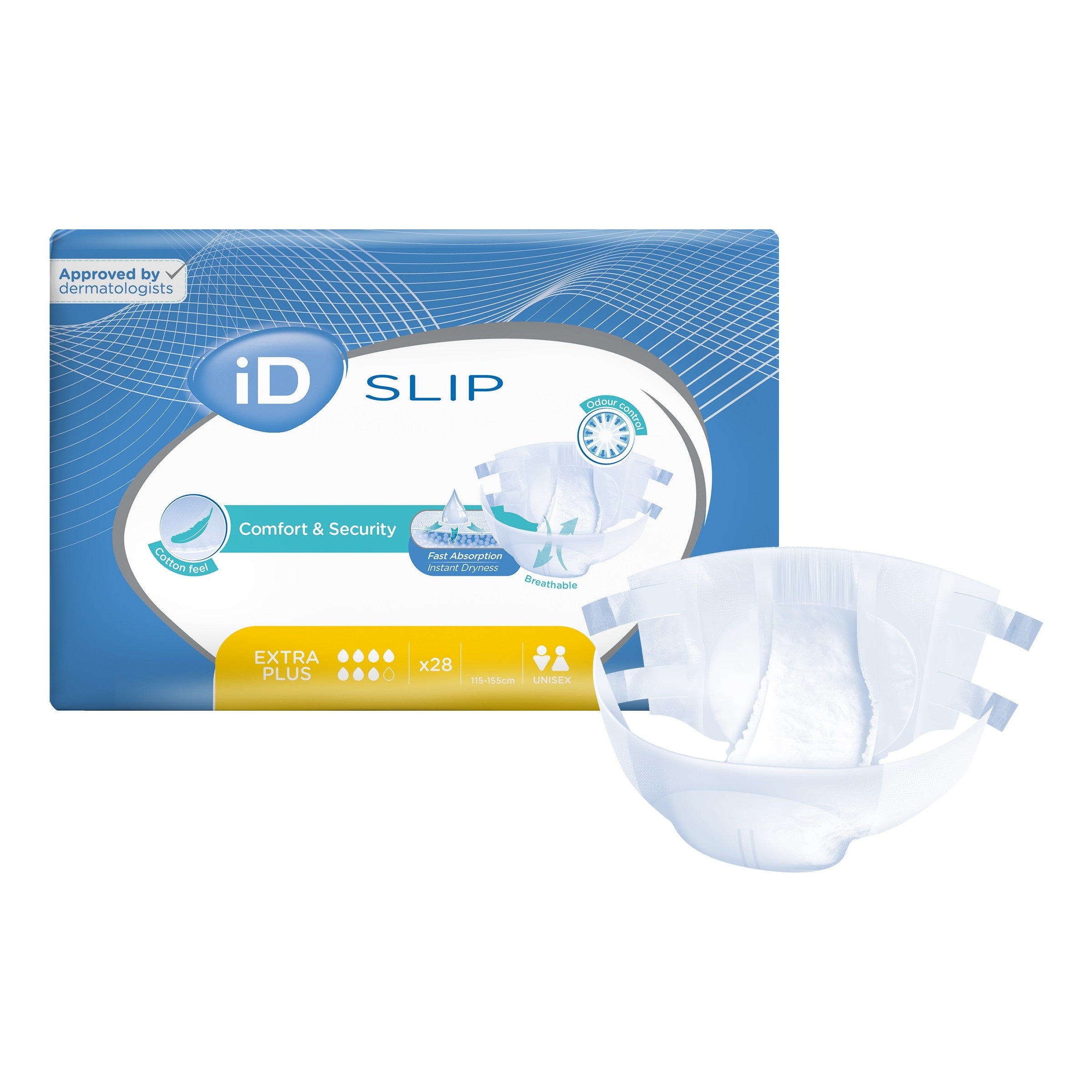 Ein Paket mit Inkontinenzslips der Marke Ontex ID Expert in der Größe Medium. Die Verpackung ist überwiegend gelb mit blauem Schriftzug, der "Extra Plus" anzeigt. Auf der Vorderseite sind auch Hinweise zur Verwendung sowie auf die Saugfähigkeit abgebildet. Der Slip selbst ist im Inneren der Verpackung verborgen, aber die Abbildung zeigt, dass er für hohen Tragekomfort und Sicherheit sorgt. Das Produkt richtet sich an Erwachsene, die Unterstützung im Alltag benötigen, und stellt eine diskrete Lösung dar.