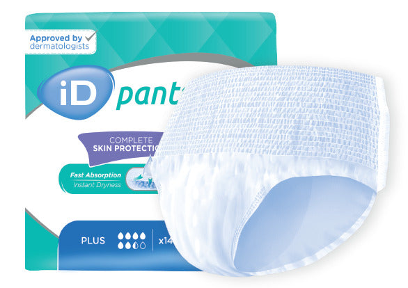Ein Produktbild zeigt ein Paket mit Ontex ID Pants Plus in der Farbe Blau, Größe L. Die Verpackung ist predominantly blau mit weißen und grünen Akzenten. Auf der Vorderseite sind die wichtigsten Merkmale des Produkts abgebildet, einschließlich der Saugfähigkeit und des komfortablen Tragegefühls. Das Design der Verpackung ist modern und ansprechend, mit klaren, gut lesbaren Schriftzügen. Im Hintergrund sind keine weiteren Elemente sichtbar, wodurch das Produkt klar im Fokus steht.