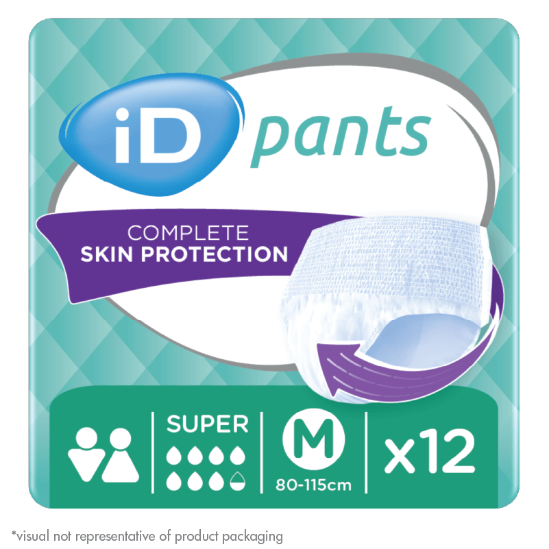 Grünes Produktbild von Ontex ID Pants Super, Größe M. Die Slips sind leicht und atmungsaktiv, designed für optimale Sicherheit und Komfort. Auf der Vorderseite ist das Logo von Ontex sichtbar, umgeben von einer klaren und freundlichen Präsentation der Unterwäsche. Die Höschen sind in einer ansprechenden Anordnung platziert, um die Farben und die Materialstruktur zu betonen. geeignet für inkontinenzbei Erwachsenen, bieten einen zuverlässigen Schutz und sind in einer hygienischen Verpackung dargestellt.