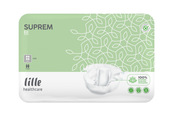 Ein Packungsbild von Ontex Suprem Fit Medium Maxi Inkontinenzslips. Die transparente, gelbe Verpackung zeigt eine Anzahl von 14 Stück. Der Produktname in blauer Schrift hebt die Vorteile hervor: hohe Saugfähigkeit und Passform. Auf der Verpackungsfront ist eine stilisierte Grafik eines lächelnden, aktiven älteren Mannes abgebildet, der Vertrauen und Lebensqualität vermittelt. Zusätzliche Informationen sind in kleinerer Schrift auf der Rückseite angedeutet.