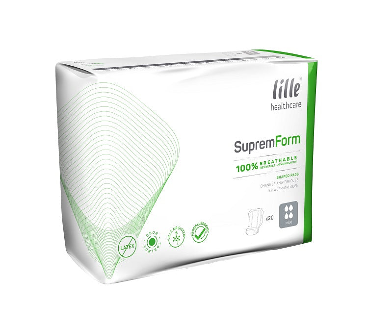 Ein Paket mit Inkontinenzprodukten der Marke Ontex liegt auf einem hellen, neutralen Hintergrund. Die Verpackung ist gut sichtbar und zeigt deutlich die Produktbezeichnung „Suprem Form Maxi“ in großen, klaren Buchstaben. Die Größe der Produkte wird mit „70 x 36 cm“ angegeben. Auf der Vorderseite sind zudem grafische Symbole zur Absorption und Hautverträglichkeit abgebildet.