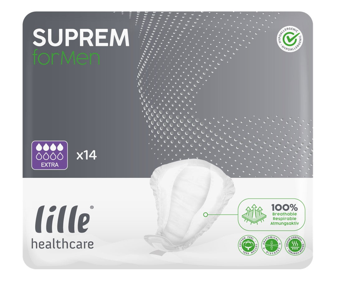 Alt-Text: Das Bild zeigt eine Packung von Ontex Suprem Formen Extra, einer Inkontinenzhilfsprodukt. Die Verpackung ist überwiegend in Blau und Weiß gehalten und trägt das Produktlogo auf der Vorderseite. Auf der linken Seite sind Informationen zur Größe und Absorptionskraft angegeben, während auf der rechten Seite eine Abbildung des Produkts selbst zu sehen ist. Das Design vermittelt ein Gefühl von Hygiene und Komfort, die Packung wirkt professionell und ansprechend, geeignet für Erwachsene.