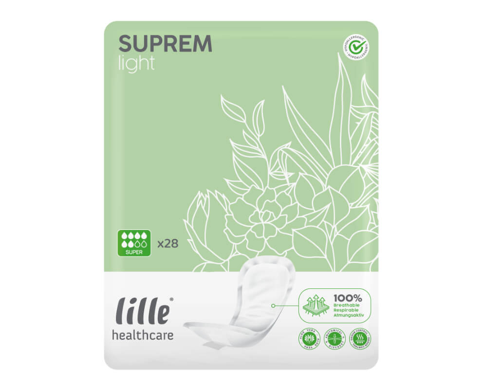 Ein Packung mit Ontex Suprem Light Super Einlagen, die auf einem schlichtem Hintergrund abgebildet ist. Die Verpackung zeigt eine ansprechende, grafische Gestaltung in sanften Farben wie Weiß und Blau. Der Produktname ist deutlich lesbar und die Packung hebt Vorteile wie "Super" Saugfähigkeit und Diskretion hervor. Die Einlagen sind als hygienisches Produkt konzipiert und sollen hohen Komfort bieten. Die Abbildung fokussiert auf die Verpackung und vermittelt ein Gefühl von Frische und Zuverlässigkeit.