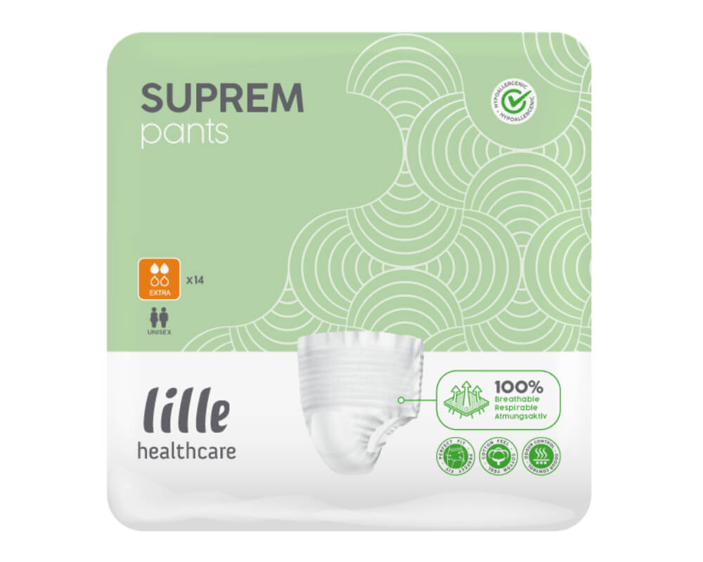 Ein Paket mit Ontex Suprem Pants in der Größe Medium ist abgebildet. Der Hintergrund ist neutral gehalten, sodass der Fokus auf dem Produkt liegt. Die Verpackung zeigt eine klare Abbildung der Inkontinenzslips, die durch eine ansprechende Farbgestaltung und leicht verständliche Symbole optimale Sicherheit und Komfort versprechen. Darunter sind Informationen über die Produkteigenschaften sowie Stückzahl abgedruckt.