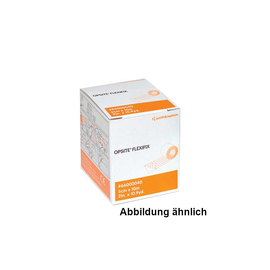 Transparentes Bild einer Folienrolle mit einer Breite von 5 cm und einer Länge von 10 m. Die Rolle ist auf einem weißen Hintergrund abgebildet und zeigt eine durchsichtige, flexible Folie, die gleichmäßig auf der gesamten Länge aufgerollt ist. Der Rand der Rolle ist gut sichtbar und hebt sich von der Hintergrundfarbe ab. Die Folie ist glatt und glänzend, was auf ihre hohe Qualität hinweist. Die Verpackung enthält Informationen über das Produkt, wie z.B. den Namen "OpSite Flexifix".