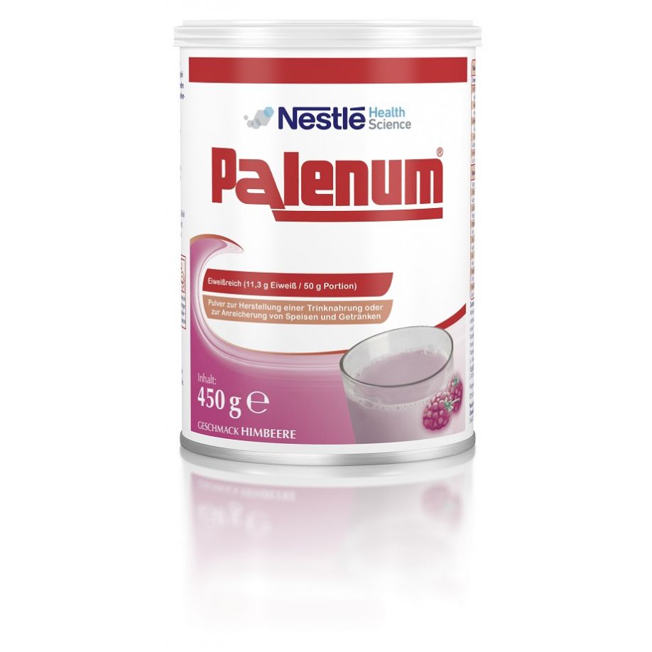 Bildbeschreibung: Das Produkt zeigt eine Packung Palenum Trinknahrung Pulver in der Geschmacksrichtung Himbeere. Die Verpackung hat eine auffällige, pinkfarbene Gestaltung mit einem transparenten Sichtfenster, auf dem die Pulversorte abgebildet ist. Oben auf der Verpackung befindet sich der Produktname „Palenum“ in klarer Schrift, umgeben von einem modernen Design. Auf der rechten Seite sind Hinweise zu den Nährstoffen und der Zubereitung abgebildet.