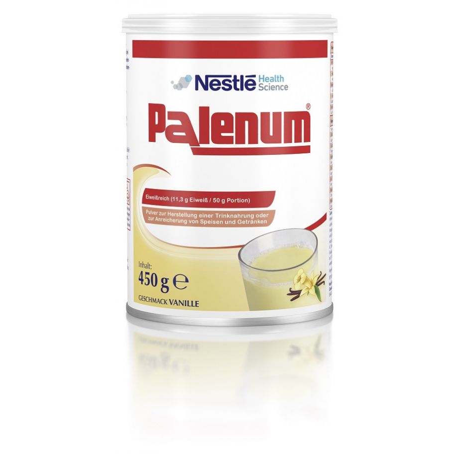 Vanille-Trinknahrung in Pulverform, präsentiert in einem weißen, durchsichtigen Behälter mit rotem und weißem Etikett. Das Etikett zeigt den Produktnamen "Palenum", sowie Hinweise zur Verwendung und Nährstoffinformationen. Über dem Behälter befinden sich einige Vanilleschoten und eine Vanilleblüte, die die Geschmacksrichtung verdeutlichen. Der Hintergrund ist neutral gehalten, was den Fokus auf das Produkt lenkt. Die Gesamtanordnung ist ansprechend und informativ, ideal für gesundheitsbewusste Verbraucher.