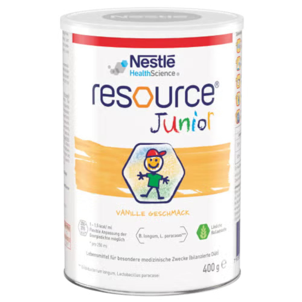 Dose Resource Junior Pulver von Nestlé HealthScience mit Vanillegeschmack, 400 g, weißes Design mit buntem Schriftzug und Kinderzeichnung auf dem Etikett.