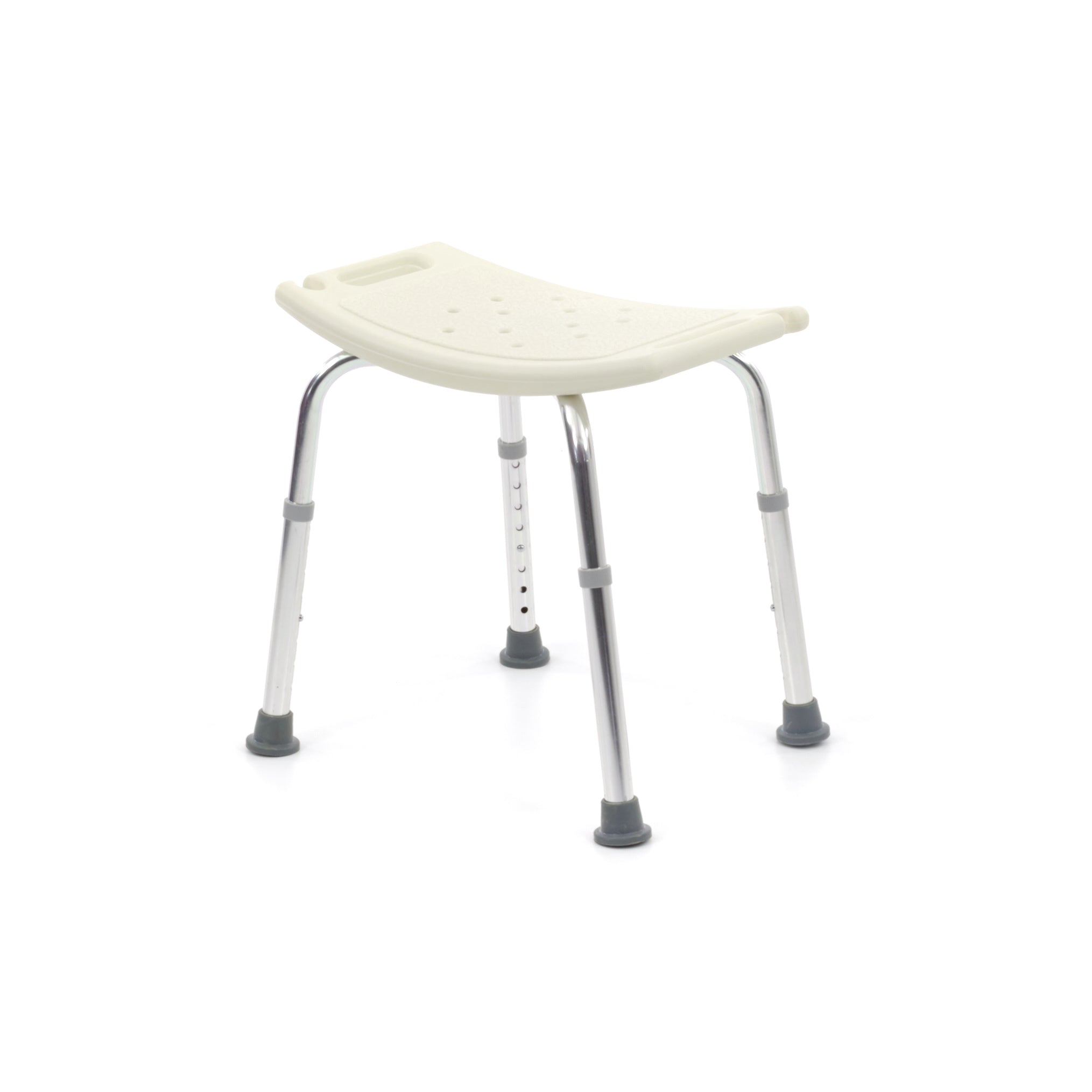 Ein höhenverstellbarer Duschstuhl mit einer Sitzbreite von 50 cm in einem modernen, funktionalen Design. Der Stuhl ist aus robustem, wasserfestem Material gefertigt und hat eine ergonomische Form für hohen Sitzkomfort. Die Beine sind mit rutschfesten Gummifüßen ausgestattet, um Stabilität während der Benutzung zu gewährleisten. Der Duschstuhl hat eine schlichte, weiße Farbgebung und ist ideal für Menschen mit eingeschränkter Mobilität oder zur sicheren Nutzung in der Dusche geeignet.