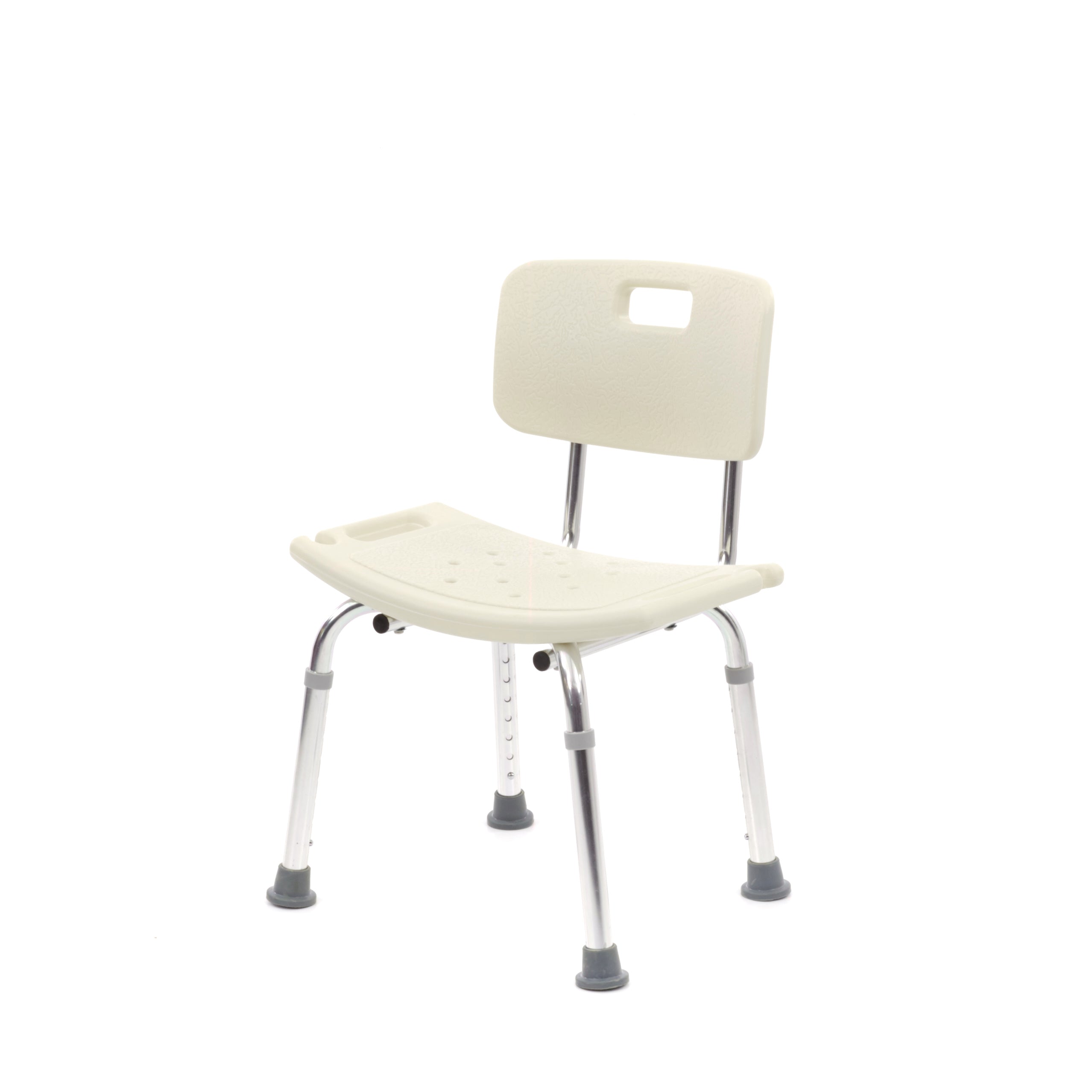 Hochwertiger Duschstuhl mit verstellbarer Höhe und einer Sitzbreite von 50 cm. Der Stuhl hat eine robuste, rutschfeste Sitzfläche mit abgerundeten Ecken für zusätzlichen Komfort und Sicherheit. Seine Beine sind stabil und mit Gummi-Füßen ausgestattet, die ein Verrutschen verhindern. Der Duschstuhl ist ideal für Menschen mit eingeschränkter Mobilität und kann einfach in der Dusche oder Badewanne platziert werden. Die klare, weiße Farbe verleiht ihm ein modernes und hygienisches Aussehen.