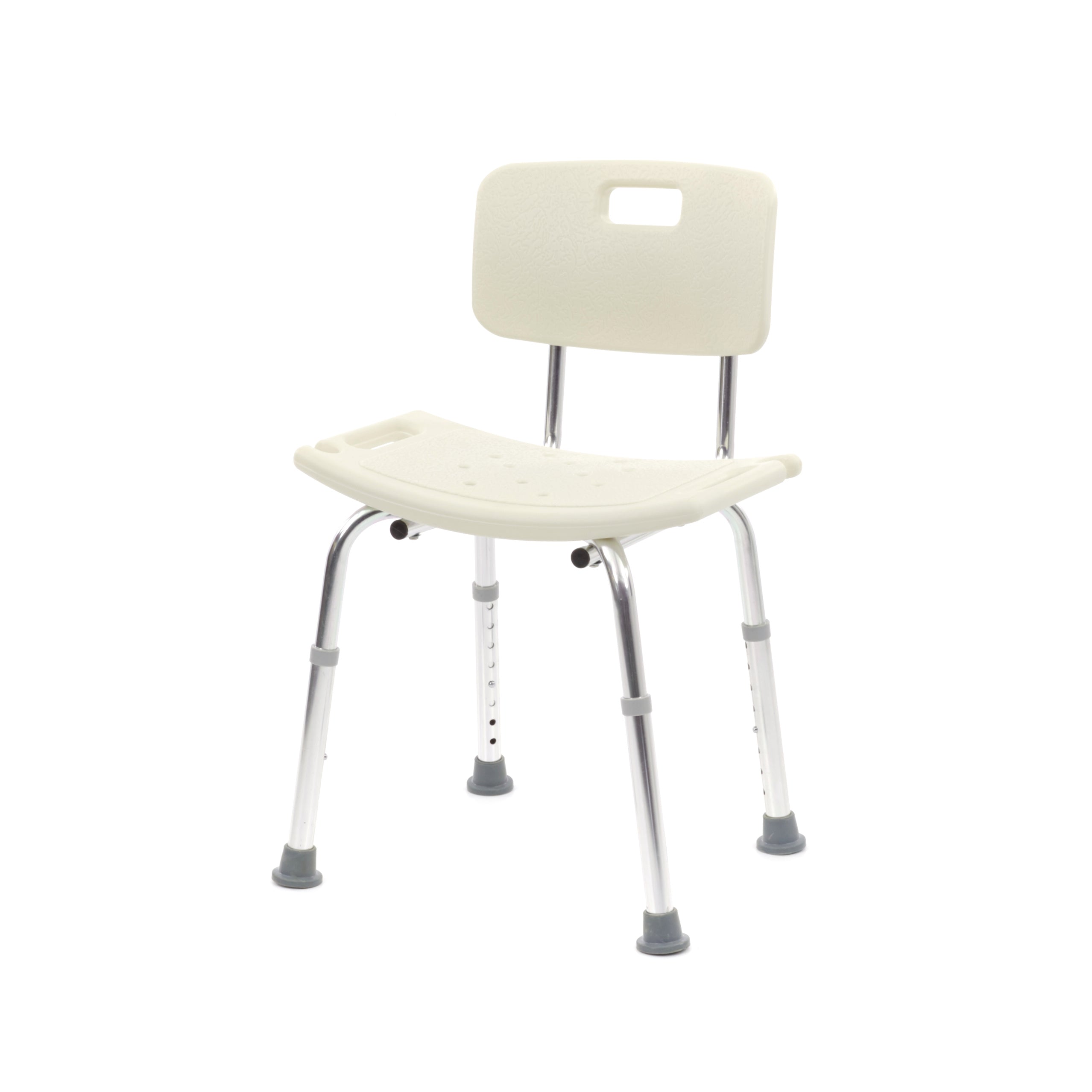 Duschstuhl ohne Rückenlehne mit höhenverstellbaren Beinen. Der Stuhl hat eine Sitzbreite von 50 cm und besteht aus robustem, wasserfestem Material in hellem Grau. Die Sitzfläche ist quadratisch mit leicht erhöhter Kante für zusätzlichen Halt. Die Füße sind rutschfest und gewährleisten Stabilität auf nassen Oberflächen. Der Duschstuhl ist ideal für Senioren und Menschen mit eingeschränkter Mobilität, um Sicherheit und Komfort beim Duschen zu bieten.