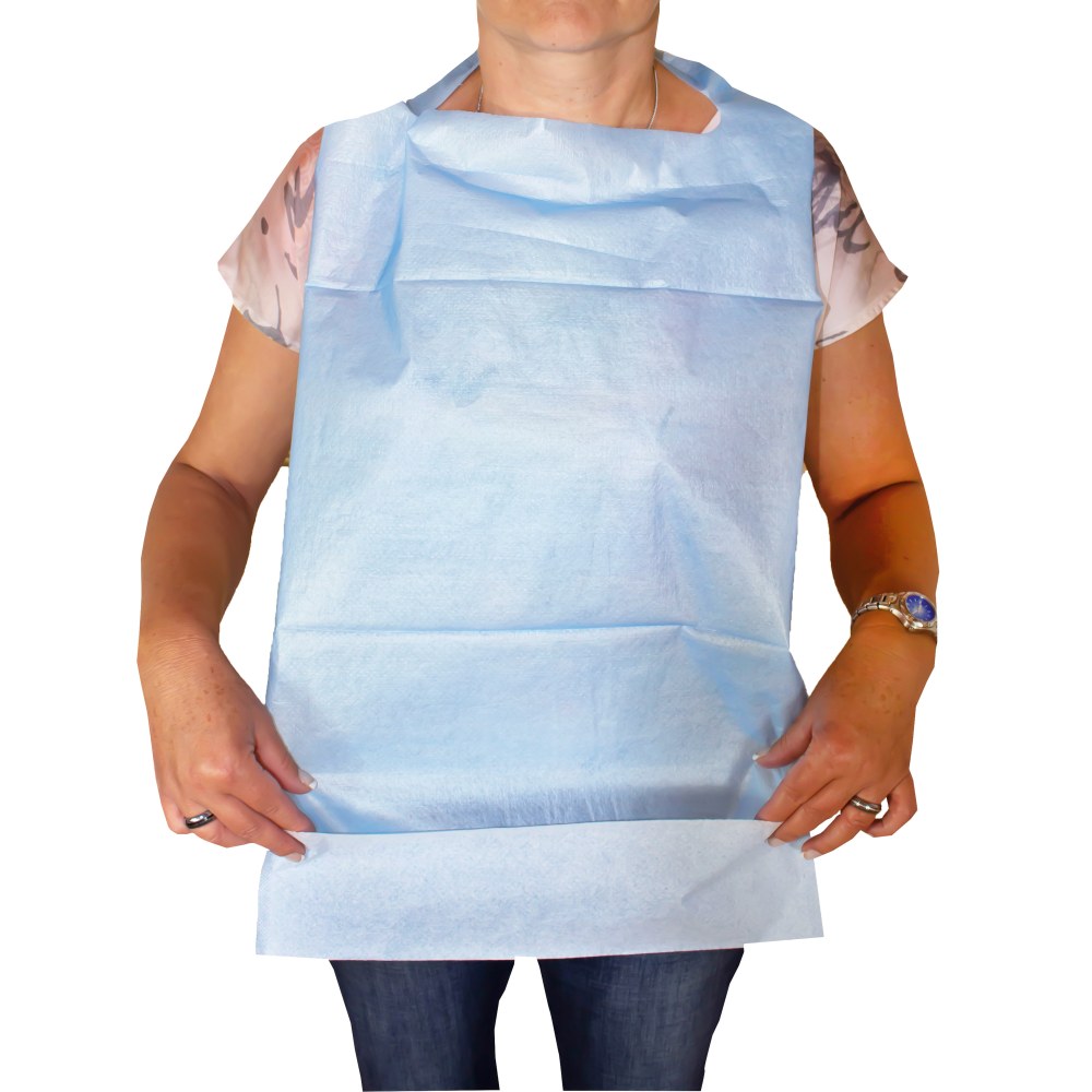 Einmal-Esslätzchen von Romed, 36 x 64 cm, in weißer Farbe. Das Lätzchen ist aus einem strapazierfähigen, wasserabweisenden Material gefertigt, das für den einmaligen Gebrauch geeignet ist. Es hat eine rechteckige Form und kann einfach unter den Nacken des Benutzers gelegt werden. Im Hintergrund sind keine weiteren Objekte sichtbar, was den Fokus auf das Lätzchen lenkt. Die glatte Textur und die großzügige Größe bieten optimalen Schutz vor Verschmutzungen während des Essens.