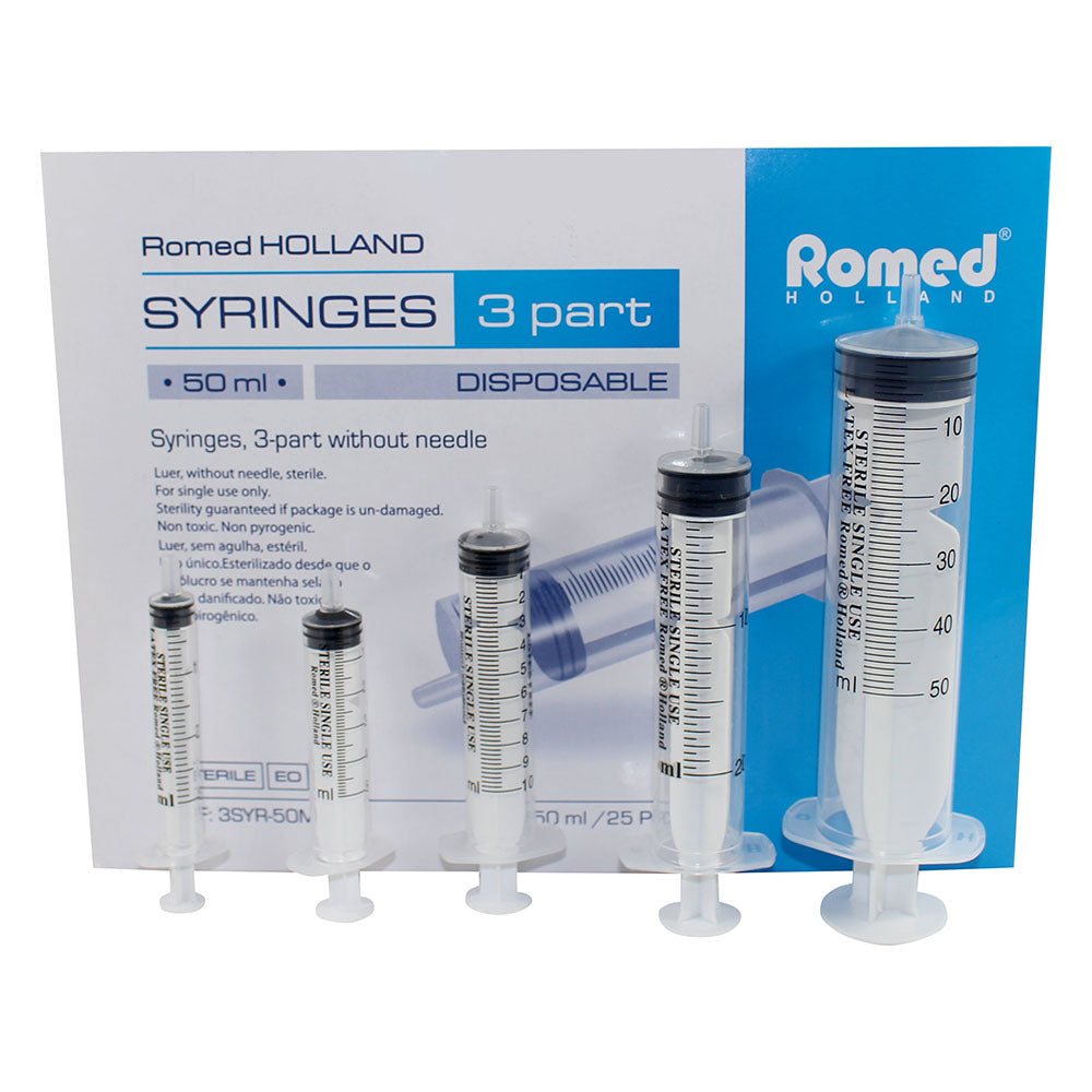 Produktbild der Romed Einmalspritzen mit Luer Ansatz, 3-teilige, sterile Verpackung, 100 Stück. Die Spritzen sind transparent und verfügen über eine klare Skala zur Ablesung des Inhaltes. Jede Spritze hat eine abgerundete Spitze für einfaches und sicheres Einführen. Die Verpackung ist hygienisch und schützt die Spritzen vor Kontamination. Die Abbildung zeigt die Spritzen in einer schönen Anordnung, die die hohe Qualität und die Verwendungsmöglichkeiten in der medizinischen Versorgung betont.