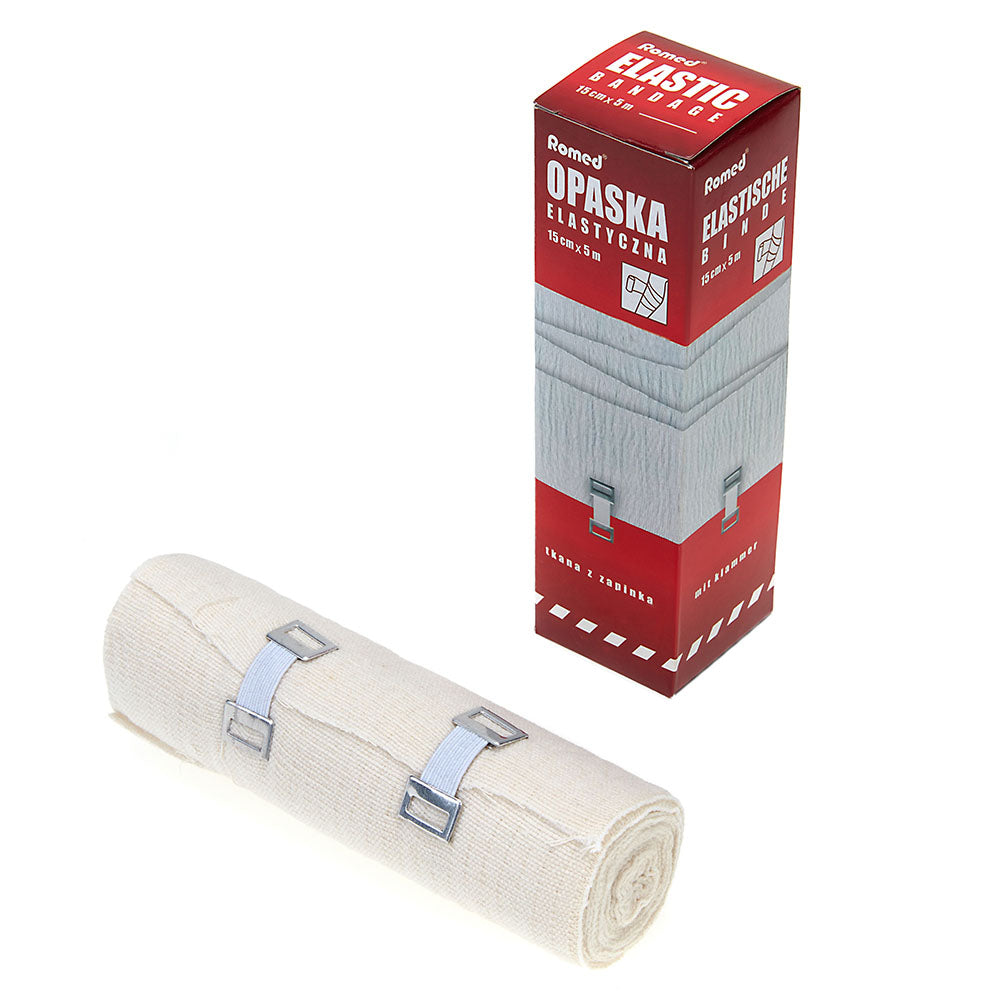 Elastische Mittelzugbinde in transparentem Folienverpackung. Die Fixierbinde misst 8 cm in der Breite und 5 m in der Länge. Die Verpackung zeigt ein Bild der Binde, die in einer spiralförmigen Wicklung dargestellt ist, und hebt die flexiblen Eigenschaften hervor. Zu sehen sind auch die Halteklammern, die den Halt der Binde gewährleisten. Die Binde eignet sich ideal für die Fixierung von Verbänden oder als Unterstützung bei Verletzungen.