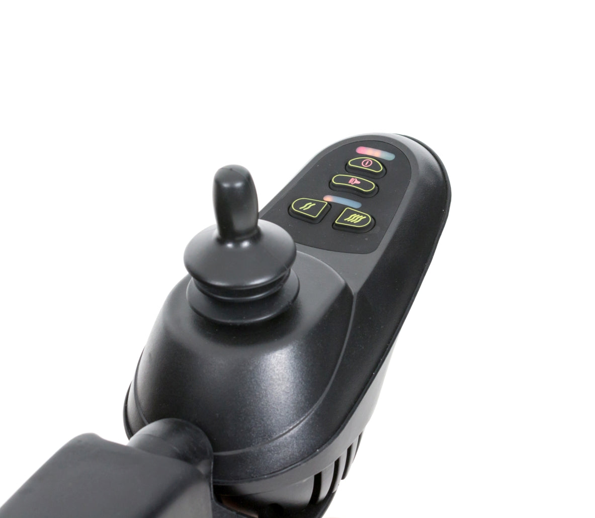 Elektrischer Rollstuhl mit modernem Design, ausgestattet mit einer stabilen, schwarzen Rahmenstruktur und komfortablem Sitz. Die Armlehnen sind hochklappbar und die Rückenlehne bietet zusätzliche Unterstützung. Der Rollstuhl hat große, luftgefüllte Hinterräder für bessere Manövrierbarkeit und Sicherheit auf verschiedenen Untergründen. Auf der Vorderseite sind zwei kleinere Räder sichtbar, die die Wendigkeit erhöhen.