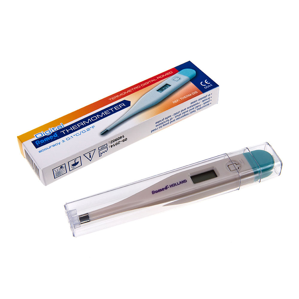 Digitales Fieberthermometer mit weißem Gehäuse und transparentem Display. Das Thermometer hat eine leicht geschwungene Form für einfachen Halt und eine klare LCD-Anzeige. Die Zahlen auf dem Display sind gut lesbar und zeigen die Temperatur in Grad Celsius an. An der Unterseite des Thermometers befinden sich zwei Knöpfe: ein Ein/Aus-Schalter und ein Knopf zur Umschaltung zwischen Celsius und Fahrenheit.