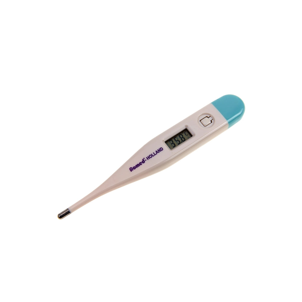 Digitales Fieberthermometer in rechteckiger Form, mit einem klaren, weißen Gehäuse und einem großen, gut lesbaren Display. Das Thermometer zeigt eine Temperaturanzeige in Celsius und Fahrenheit an. An der Oberseite befindet sich eine flexible Messspitze, die für komfortable Messungen sorgt. Das Design wirkt modern und benutzerfreundlich. Es ist ein ideales Produkt für die schnelle und präzise Bestimmung der Körpertemperatur, geeignet für die ganze Familie, um Gesundheitsüberwachung zu unterstützen.