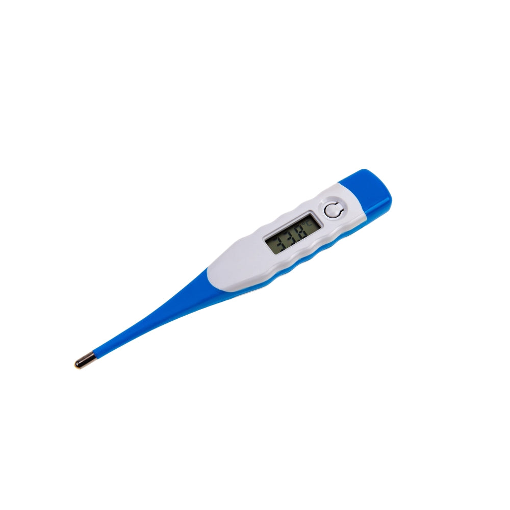 Digitales Fieberthermometer mit flexibler Spitze, in weißer Farbe, auf einem hellen Untergrund abgebildet. Das Thermometer hat einen ergonomischen, schlanken Körper für einfache Handhabung und einen gut lesbaren LCD-Bildschirm auf der Oberseite, der die Temperatur zuverlässig anzeigt. An der Spitze befindet sich eine flexible Sensorfläche, die für mehr Komfort beim Messen sorgt.