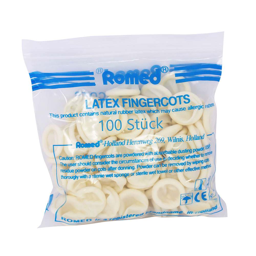Weißes Produktbild von Latex-Fingerlingen, die gepudert sind. Die Fingerlinge sind in einem leicht transparenten, glatten Material gestaltet und haben eine körnige Struktur an der Innenseite für besseren Halt. Sie sind in einer offenen Verpackung angeordnet, die eine klare Sicht auf die Fingerlinge ermöglicht. Auf der Packung sind Informationen über das Produkt sowie die Anzahl von 100 Stück angegeben. Der Hintergrund ist neutral, um die Fingerlinge hervorzuheben.